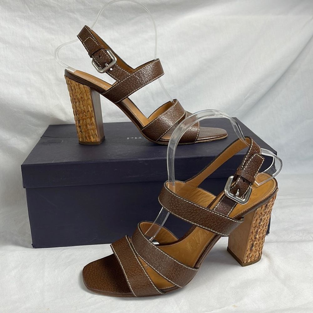 Prada Authentic Wicker Block Heel Ankle Strap San… - image 4